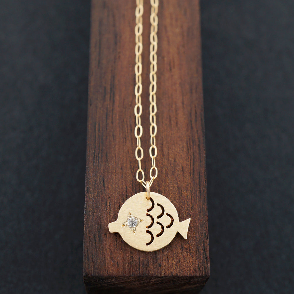 Diamond Eye Minimalist Mother Fish Necklace, Solid 14KY Gold | AF HOUSE
